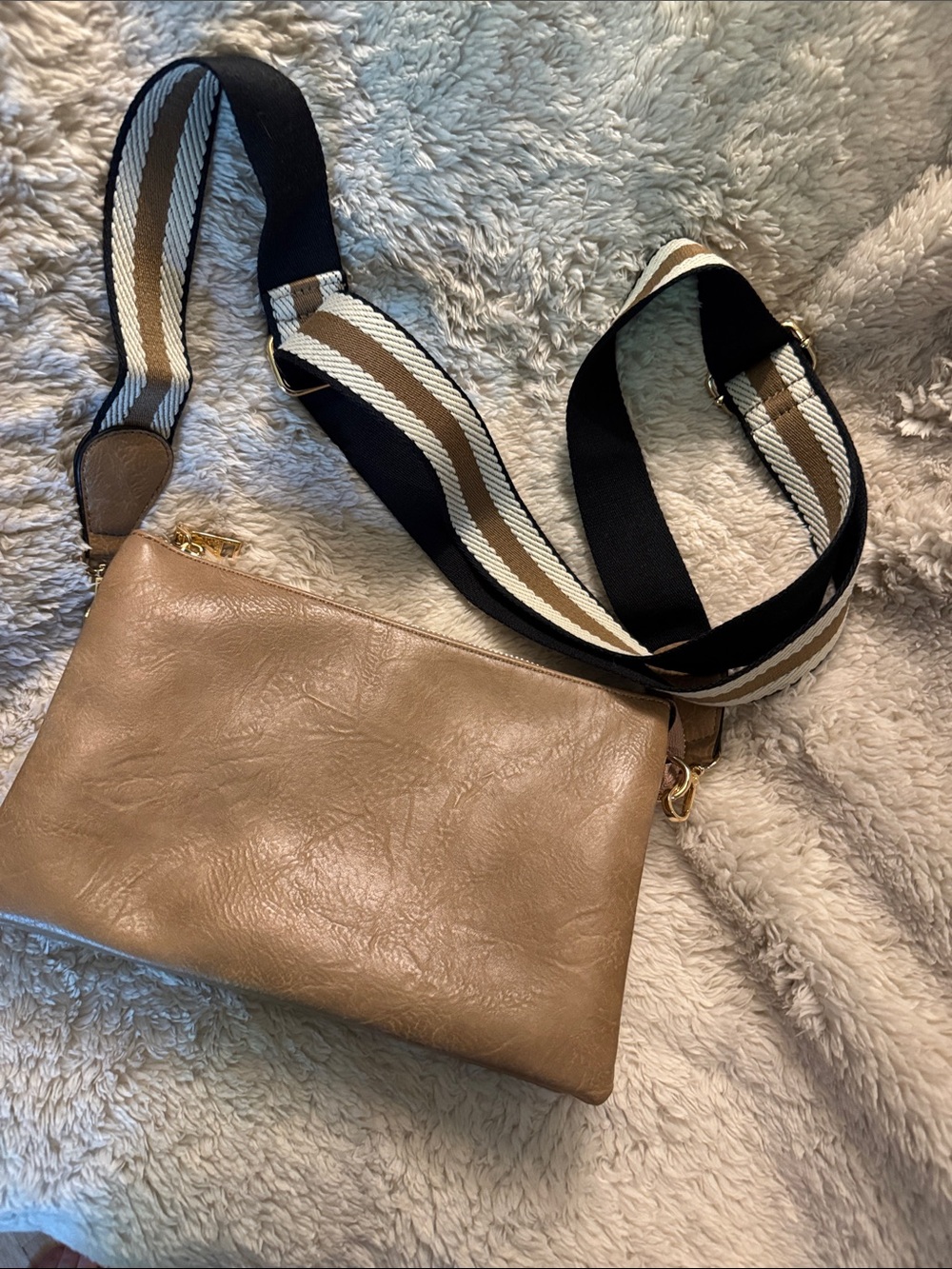 Neutral Tan Crossbody Bag with Striped Adjustable Strap